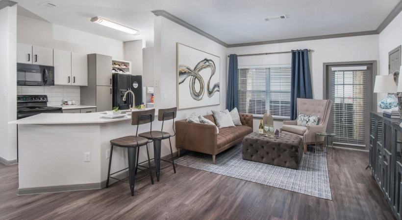 a living room with a wood floor