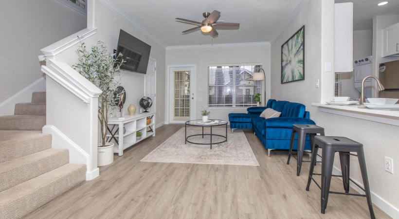 a living room with a fireplace