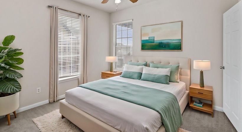 bedroom with bed end table and lamps